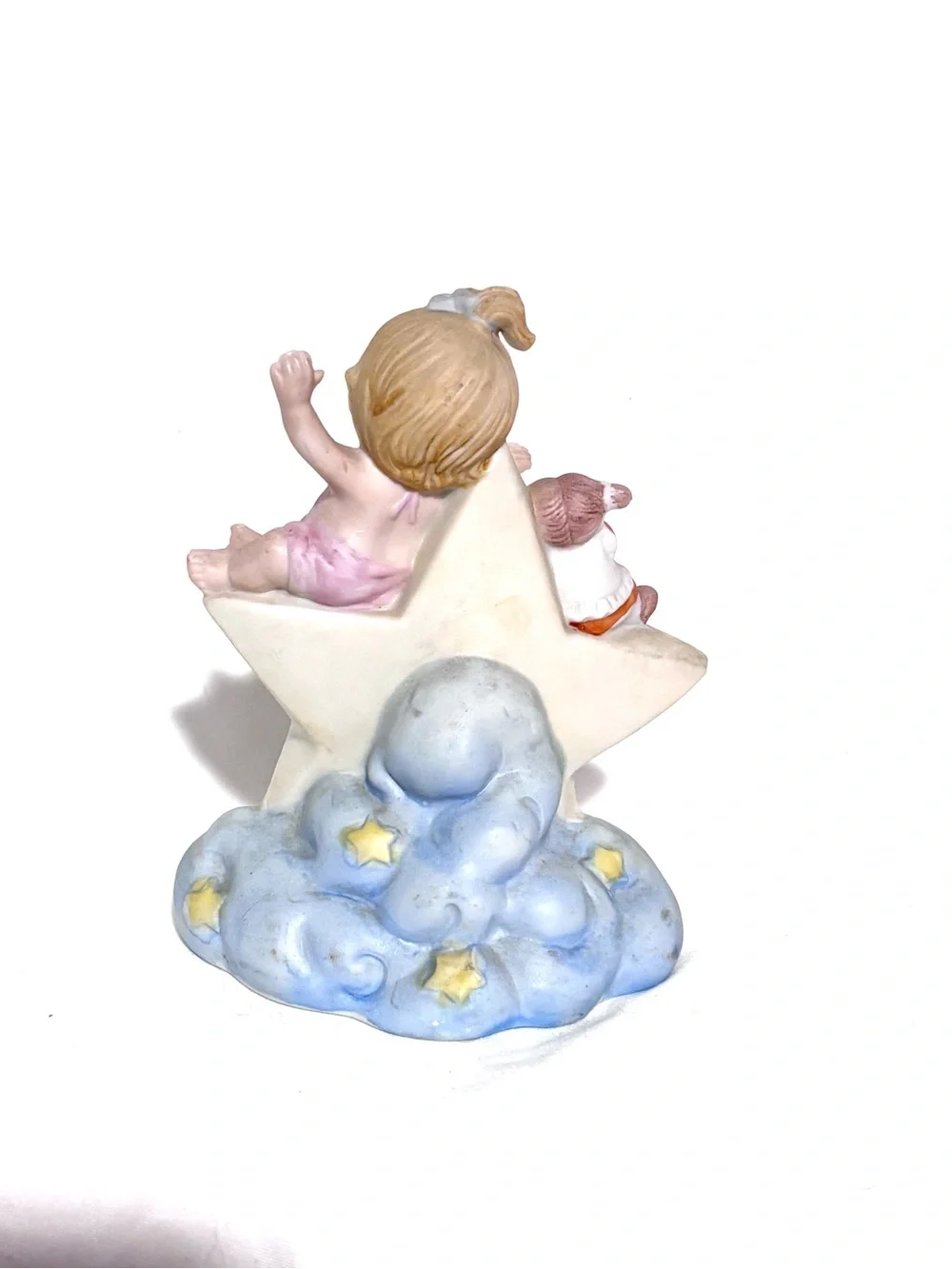 Vintage Celestial Hand-Painted Ceramic Star Figurine with Girl in Pink Outfit